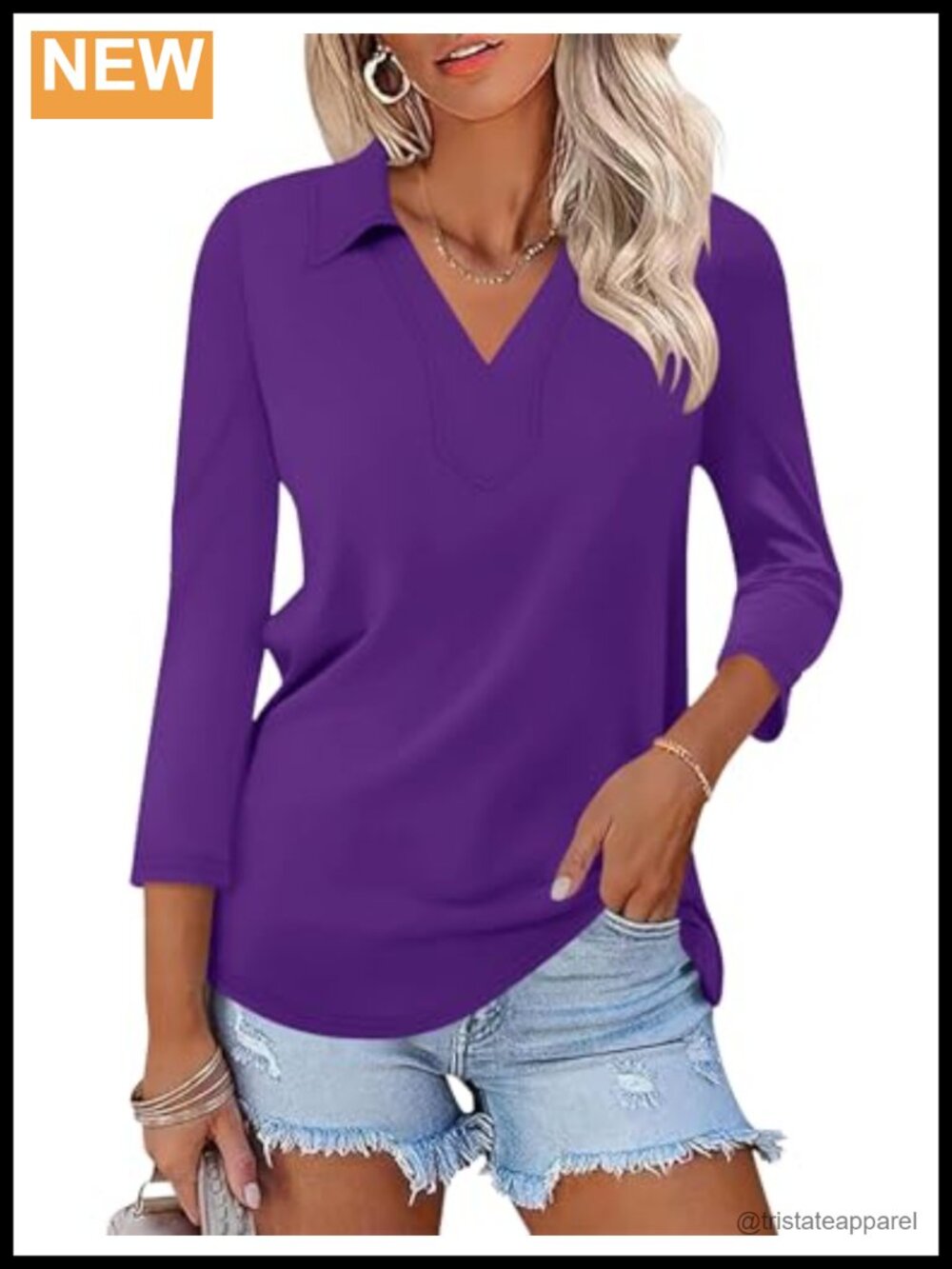 LOMON 3/4 Sleeve Womens Polo Shirt V Neck Collared Summer Top
